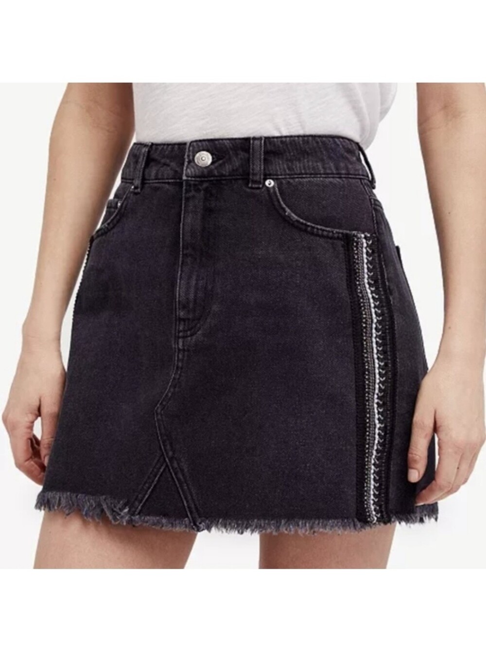 Free People Embellished Distressed Raw Hem Black Denim Mini-Skirt